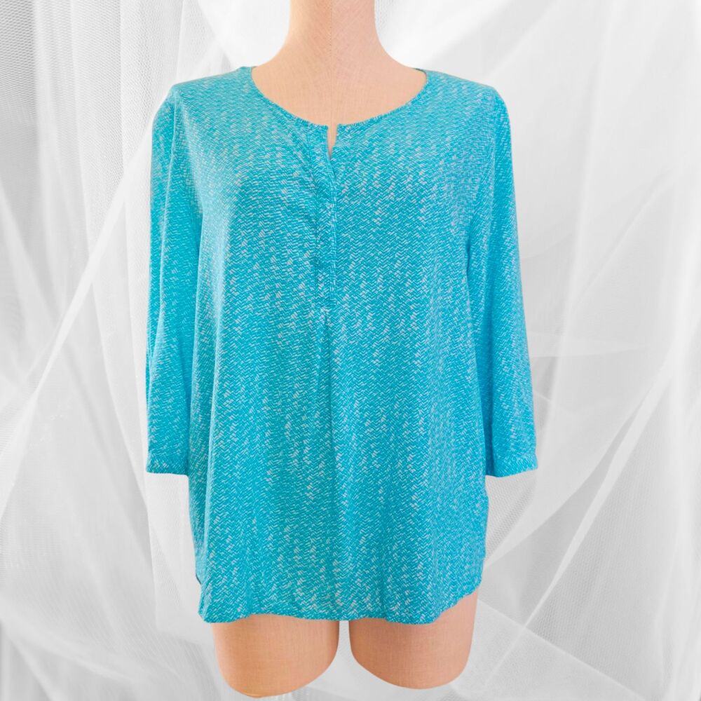 Stylus XL Turquoise Blue White Popover Henley Tunic Top 3/4 Sleeve Button Blouse